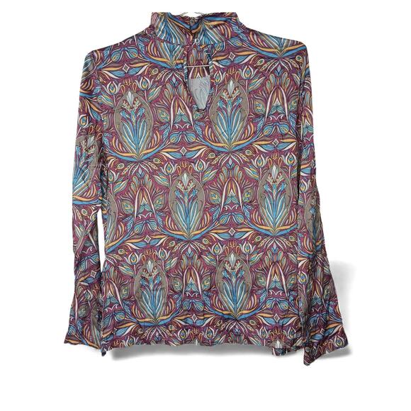 SFIZIO Nouveau Floral Turtleneck Top Italy Long Sleeve Keyhole Back S-M - Picture 3 of 11